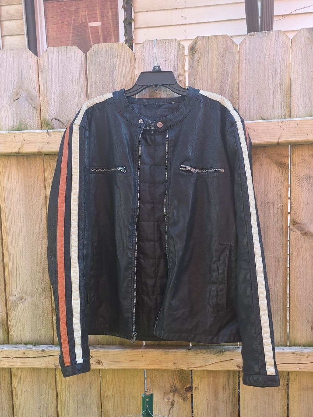 Men's Black Leather Racer Jacket with Cream & Rust Stripes